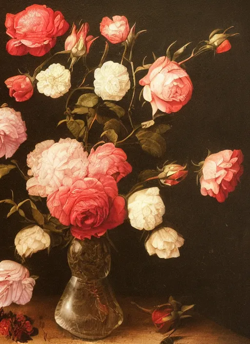 Image similar to detailed dutch still life painting of flowers and roses, sharp focus, dark background