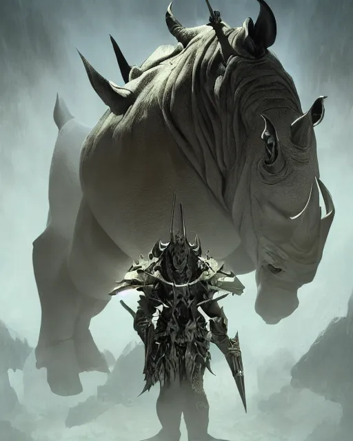 Image similar to Rhino, Anthropomorphized, as warlord general on skull throne, magic the gathering artwork, D&D, fantasy, cinematic lighting, centered, symmetrical, highly detailed, digital painting, artstation, concept art, smooth, sharp focus, illustration, volumetric lighting, epic Composition, 8k, art by Akihiko Yoshida and Greg Rutkowski and Craig Mullins, heroic pose, oil painting, cgsociety, Battlefield background, explosions, arrows