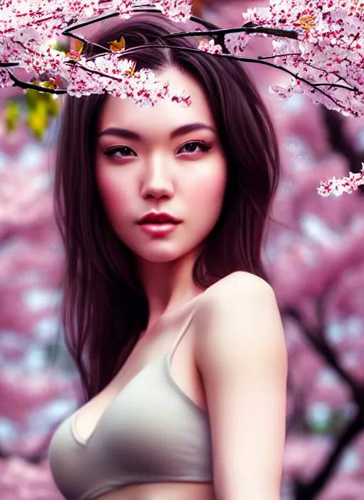 Image similar to photo of a gorgeous female in the style of stefan kostic, realistic, half body shot, sharp focus, 8 k high definition, insanely detailed, intricate, elegant, art by stanley lau and artgerm, extreme blur cherry blossoms background