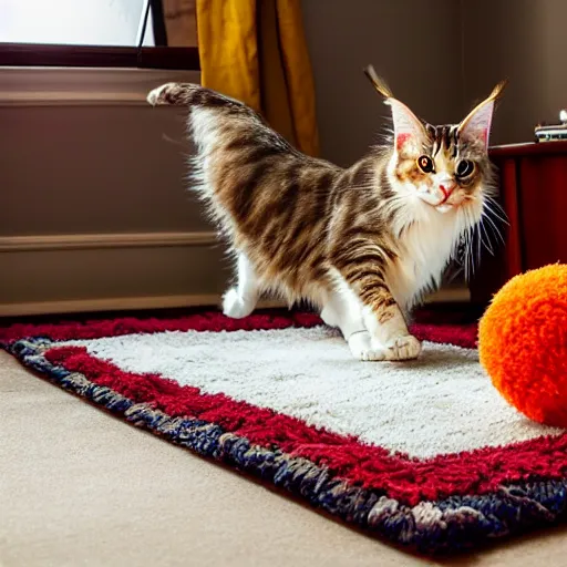 Image similar to cream color maine coon cat chasing a cat-toy-ball in a sunlit bedroom, hardwood floors with a colorful tattered old throw rug, bay window sofa in the background, fun, energetic, amusing, cute, funny, by Jeff Easley