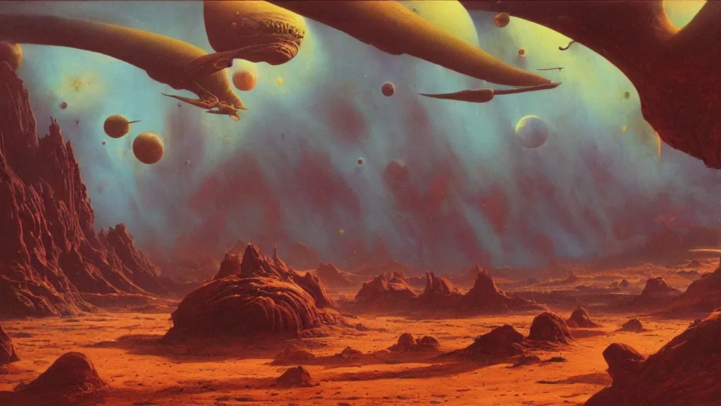 Image similar to otherworldly atmosphere of an evolving alien planet by arthur haas and bruce pennington and paul lehr, cinematic matte painting