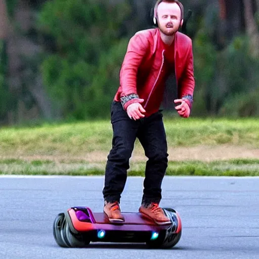 Prompt: Aaron Paul in an extraterrestrial costume riding on a hover board