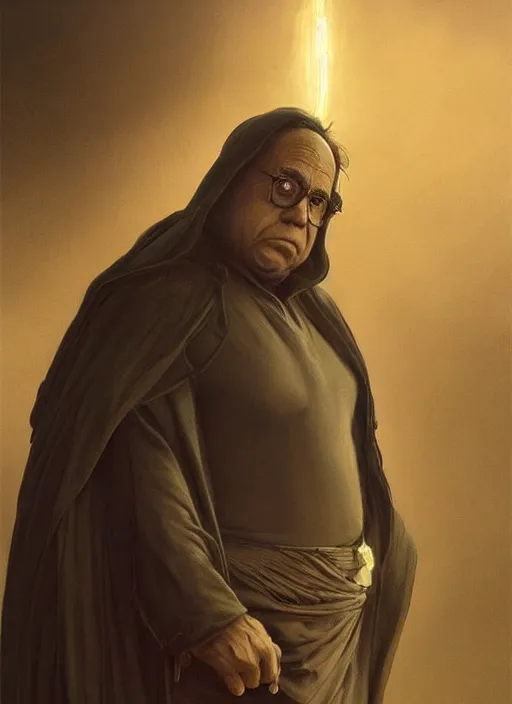 Prompt: Portrait of Danny DeVito, cloak, male, fantasy, extremely detailed, digital painting, artstation, concept art, smooth, sharp focus, illustration, stunning lighting, art by artgerm and greg rutkowski and alphonse mucha and simon stalenhag, realistic character concept, high fantasy, dark atmosphere, golden ratio, cinematic lighting, hyperdetailed, high resolution, insanely detailed and intricate, artstation, Marc Simonetti, Greg Rutkowski, 8k