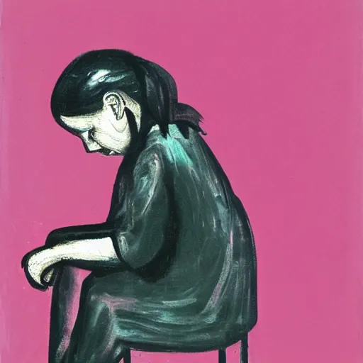 Image similar to sad young girl, sitting against pink wall, emotional, mixed media by francis bacon