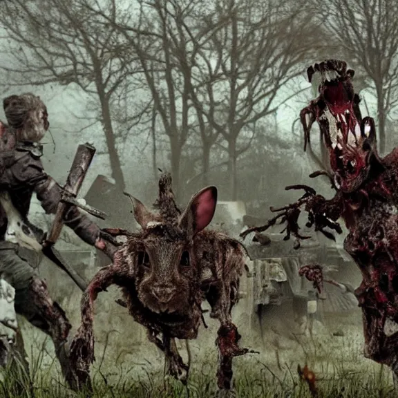 Image similar to a dark battle of decaying zombie rabbits infected with the T-virus, film still