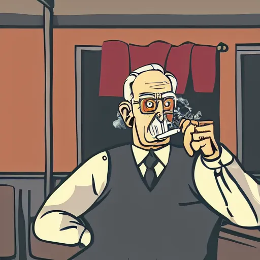 Image similar to An oldman, smoking, in a bar, Graphic Novel style , Wide Angle