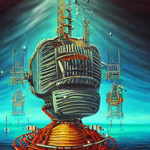 Image similar to beautiful painting of a giant mechanical theatre under the ocean in the style of Simon Stålenhag and H. R. Giger