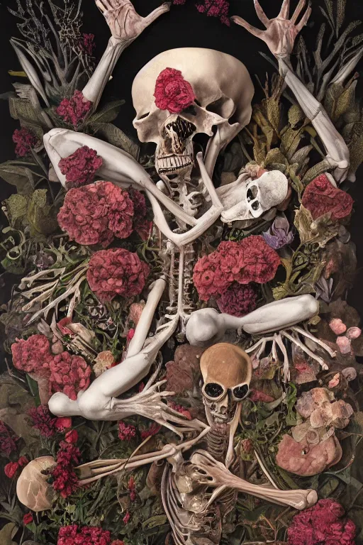 Image similar to anatomical man with large eyes and lips laying in bed of bones of flowers, with an existential dread of love, HD Mixed media, highly detailed and intricate, surreal illustration in the style of Caravaggio, baroque dark art