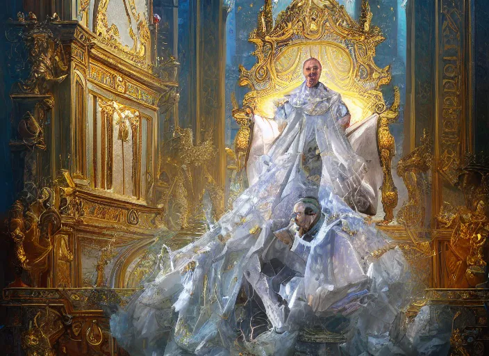 Image similar to kneeling before the pope, royal robe, gold trim, light effect, hyper detailed, intricate, atmospheric, elegant, photorealistic by paul lehr, marco mazzoni, featured on cgsociety, rococo, whimsical, artstation