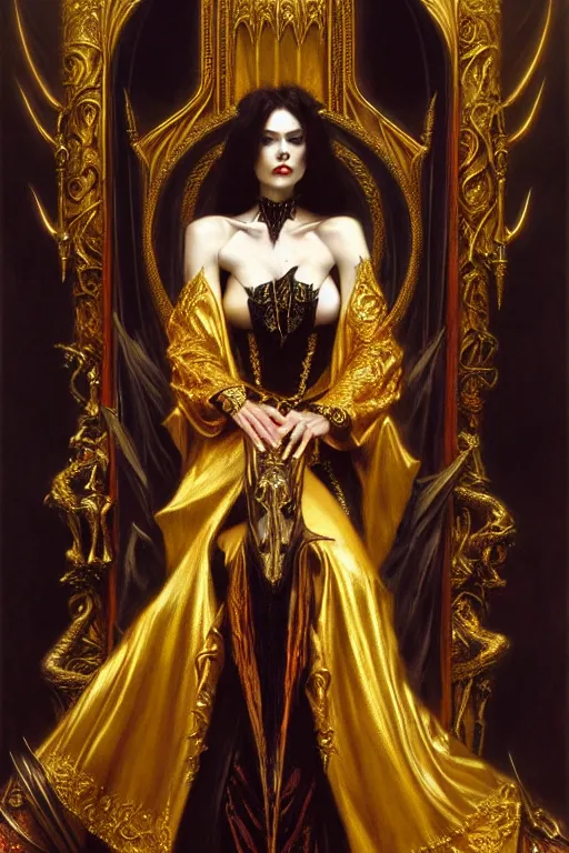 Image similar to full body portrait of beautiful vampire queen in gold gothic robe sitting on a throne of bones, elegant, highly detailed painting by gaston bussiere, craig mullins, j. c. leyendecker, 8 k, mid shot