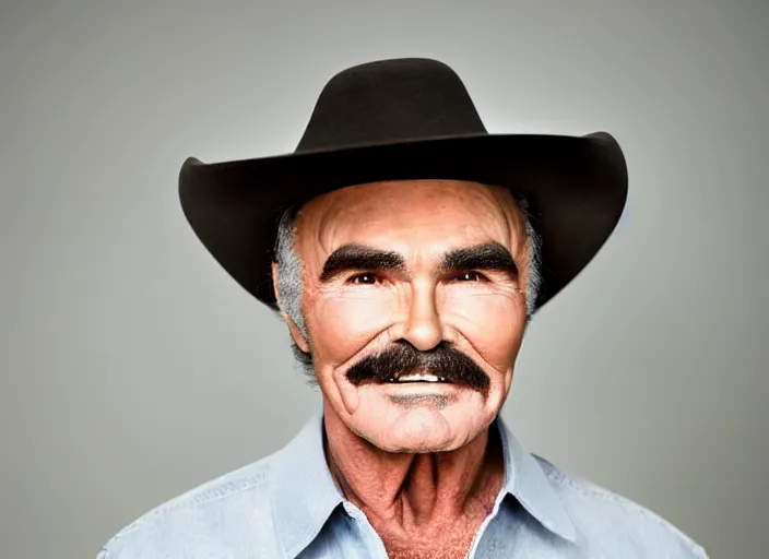 Prompt: studio portrait photo still of 3 0 year old burt reynolds at age 3 0 3 0 years old!!!! wearing a cowboy hat holding a bucket of fried chicken, 8 k, 8 5 mm f 1. 8, studio lighting, rim light, right side key light