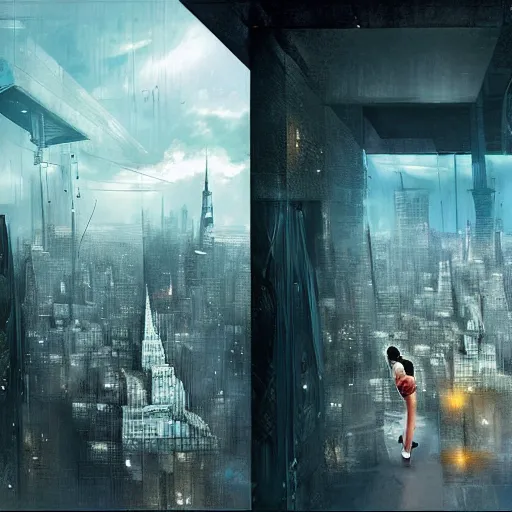 Image similar to “ a girl standing on a ledge looking down at a futuristic new york city below, ghostpunk, storm clouds, very detailed, by craig mullins ”