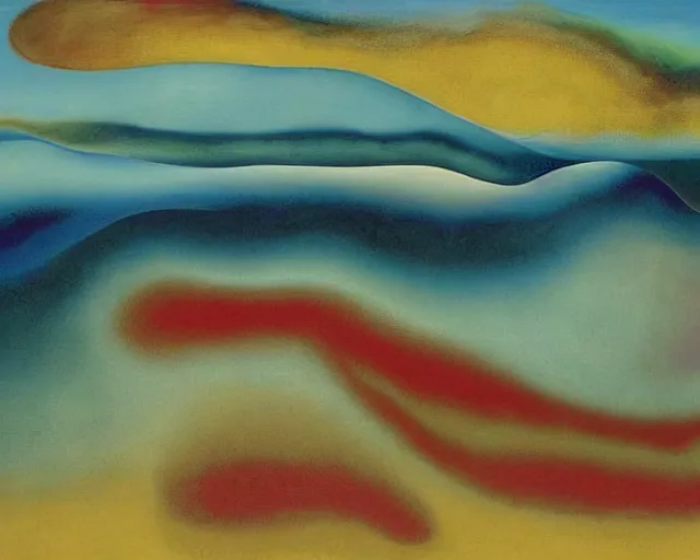 Image similar to Ocean waves in a psychedelic dream world. DMT. Curving rivers. Georgia O'Keeffe. Zao Wou-ki. Yves Tanguy.