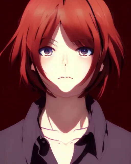 Image similar to makoto shinkai, artgerm, yoji shinkawa, ilya kuvshinov, beautiful anime woman, wearing full clothing, red shirt brown pants, clockpunk, black and red hair hair, symmetrical face, symmetrical eyes, full round face, short smile, detailed, summer setting, cinematic lighting