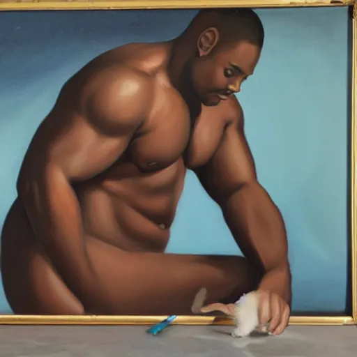 Prompt: painting of cute kitten with the body of a black man