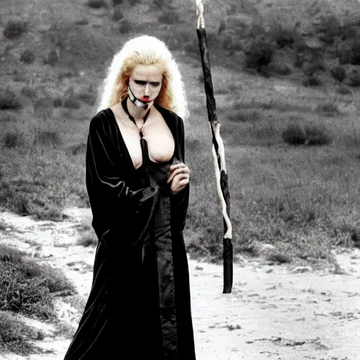 Image similar to a blonde woman in a black robe throwing up, a beautiful english woman with a long face narrow nose pale skin blue eyes red lips and wild messy tangles of curly white blonde hair, high resolution film still wearing a black robe and skull necklace and holding a spear, sandy, a journey to the west