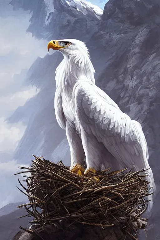 Image similar to portrait of majestic white eagle on his Nest in the mountains, Single face, dramatic lighting, cinematic, establishing shot, extremly high detail, photo realistic, cinematic lighting, post processed, concept art, artstation, matte painting, style by eddie mendoza, raphael lacoste, alex ross