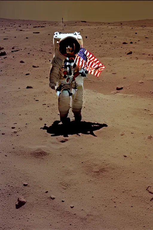 Image similar to apollo mission footage of astronaut waving a rainbow flag on mars