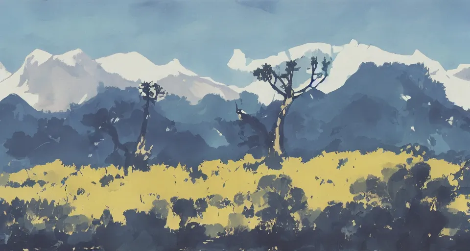 Image similar to a beautiful landscape with trees and mountains, by ashley wood