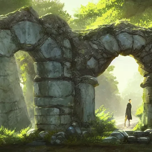 Image similar to concept art painting of a single free standing ancient stone archway, in the woods, realistic, detailed, cel shaded, in the style of makoto shinkai and greg rutkowski and james gurney