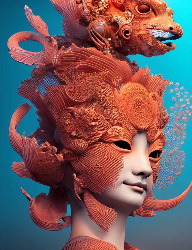 Image similar to 3 d goddess close - up profile portrait. beautiful intricately detailed japanese autumn fox mask and clasical japanese kimono. betta fish, jellyfish phoenix, bio luminescent, plasma, ice, water, wind, creature, artwork by tooth wu and wlop and beeple and greg rutkowski