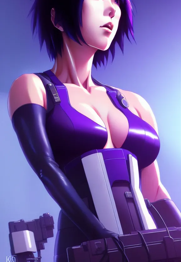 Image similar to a fullbody portrait of motoko kusanagi the major ghost in the shell : : connected to cables, under repairs, maintenance area, technicians : : by ilya kuvshinov, rossdraws, artgerm, sola digital arts, anti aliasing, raytracing : :