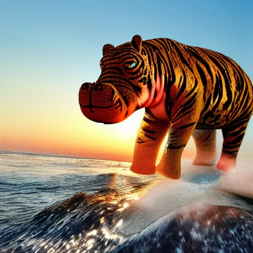 Image similar to a closeup photorealistic photograph of a cute smiling knitted tiger hippopotamus chasing after beachballs during sunset. surf in background. professional capture. this 4 k hd image is trending on artstation, featured on behance, well - rendered, extra crisp, features intricate detail, epic composition and the style of unreal engine.