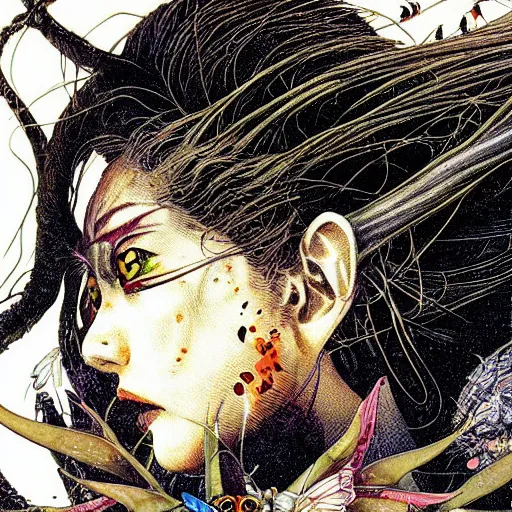 Image similar to portrait of crazy dark girl with insects, symmetrical, by yoichi hatakenaka, masamune shirow, josan gonzales and dan mumford, ayami kojima, takato yamamoto, barclay shaw, karol bak, yukito kishiro