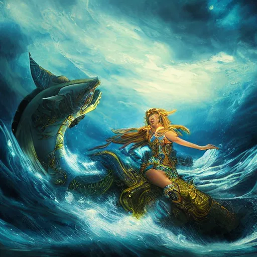 Image similar to warrior sea goddess full frame battling leviathan, beautiful composition, wide angle, colorful, cinematic, volumetric lighting, intricate details painting
