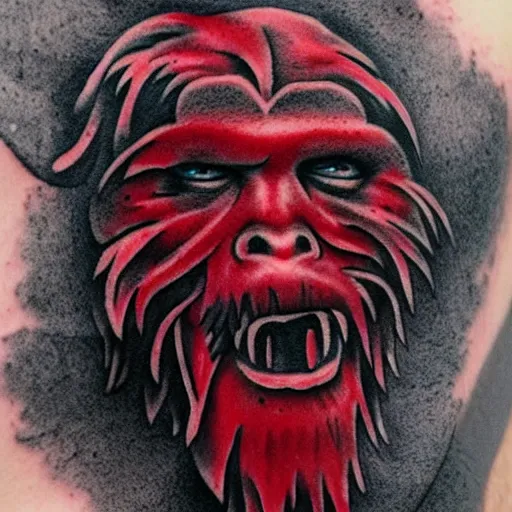 Prompt: tattoo of bigfoot red and gray ink detailed, hyperrealistic trending on artstation