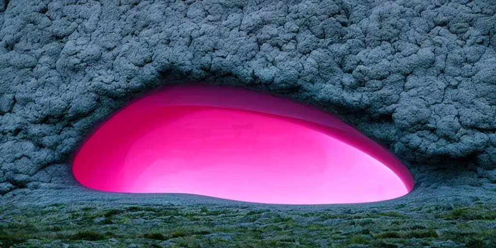 Image similar to a strange huge translucent pvc inflated organic architecture building with pink fluffy fur inside by anish kapoor sits in the rock mountains, film still from the movie directed by denis villeneuve with art direction by zdzisław beksinski, close up, telephoto lens, shallow depth of field