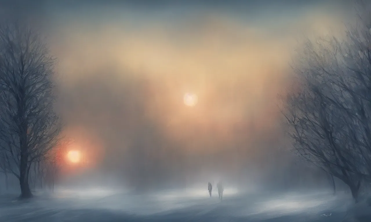 Prompt: a concept of Bucharest sunset in winter in the style of Charlie Bowater with mist, Charlie Bowater