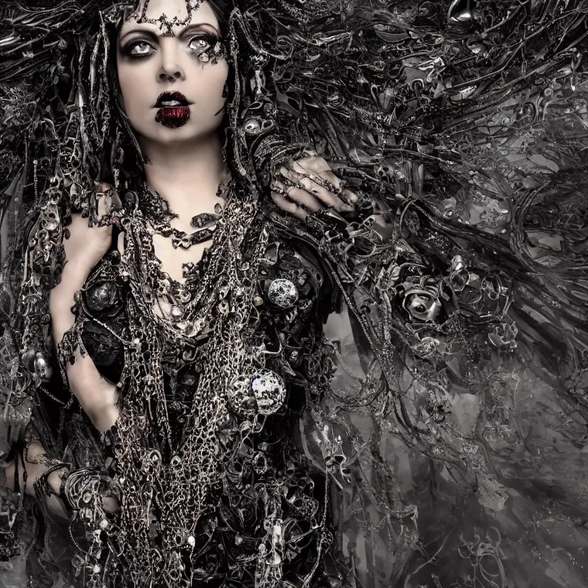 Image similar to A stunning Gothic goddess of jewels in an empty land, dark and mysterious, tranquil oblivion atmospheric, ominous, eerie, cinematic, Epic, 8k, 4k, ultra detail, ultra realistic, rendered by awesomeness