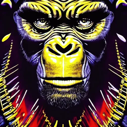 Prompt: jim carrey, will smith, madonna, lady gaga, barong family, wiwek, mara demon, one single tribe member, jungle, one single mask, dark, ancient warrior, grumpy gorilla, violence blood, tribal, inner glow, art by dan mumford and justin gerard