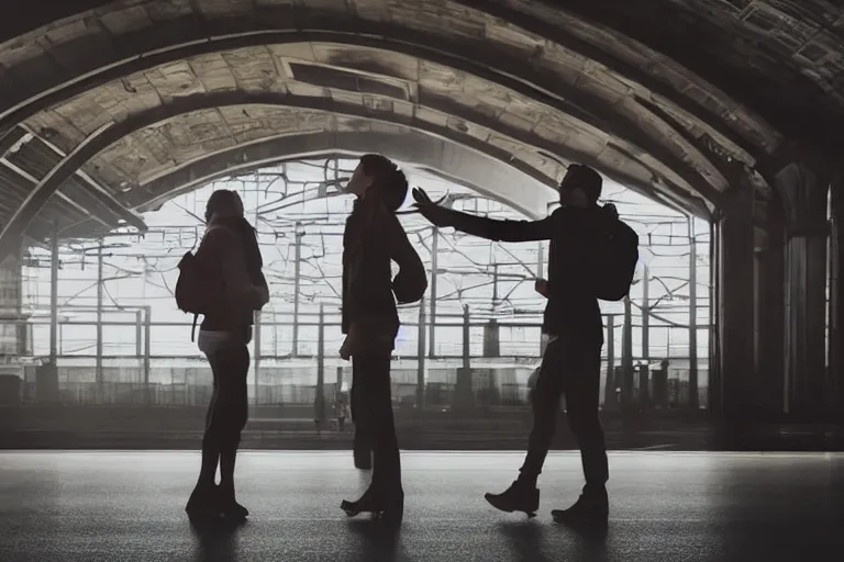 Image similar to vfx movie couple in a train station flat color profile low - key lighting award winning photography cinematography atmospheric cool color - grade