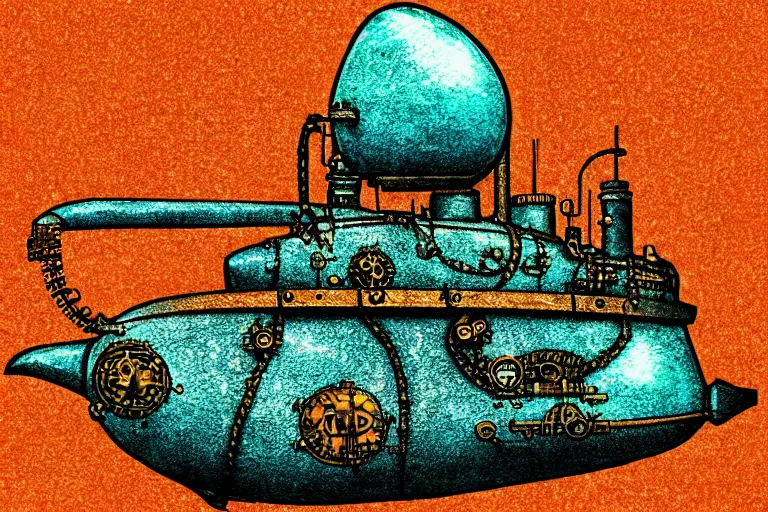 Image similar to steampunk submarine!, in the style of john avon and derek riggs and eva widermann, trending on artstation, halfrear lighting closeup view anaglyph filter, bokeh, anime, colored pencil art, belle epoque