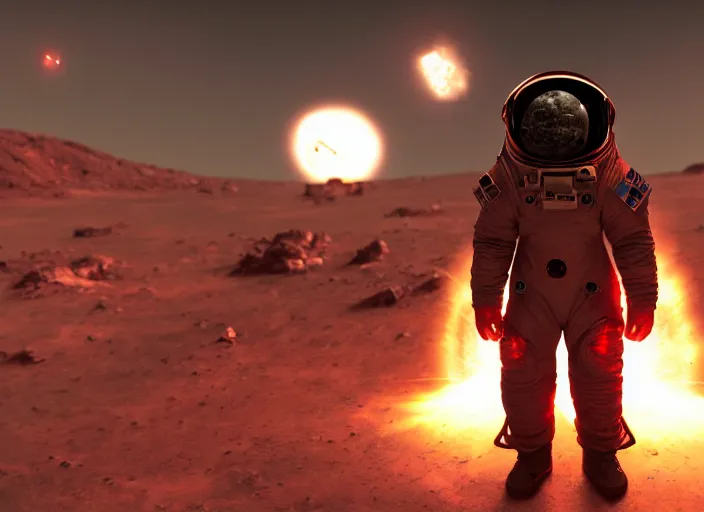 Image similar to still of satanic unholy astronaut wearing a space suit during the first space mission in world war one, mars setting, devilpunk, concept art, artstation, stephen bliss, unreal engine, game screenshot