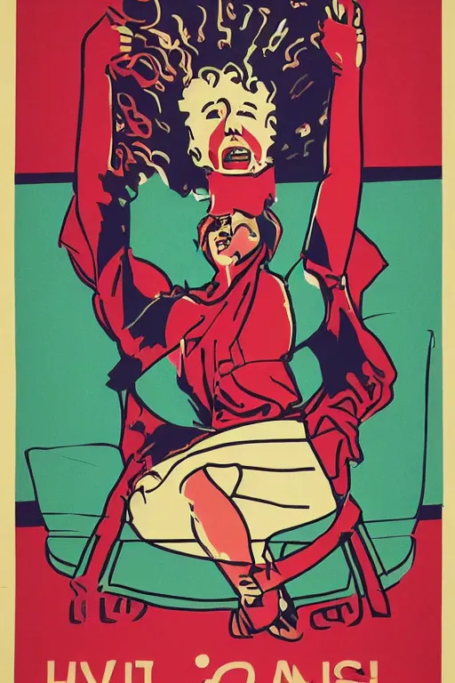 Image similar to a feminist propaganda poster against manspreading, high quality print, silkscreen, acid colors