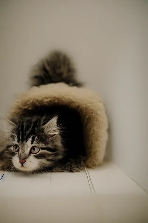 Image similar to “ fluffy kitten lying on cat tree, cozy living room, warm, cotton, dramatic lighting, extremely high quality, leica m - a, lux 3 5 fle, portra 8 0 0 ”