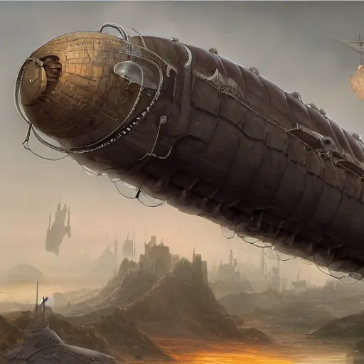 Image similar to a heavily armed airship shaped like a manatee, steampunk, ultra realistic, concept art, intricate details, highly detailed, photorealistic, octane render, 8 k, unreal engine, art by frank frazetta, simon bisley, brom