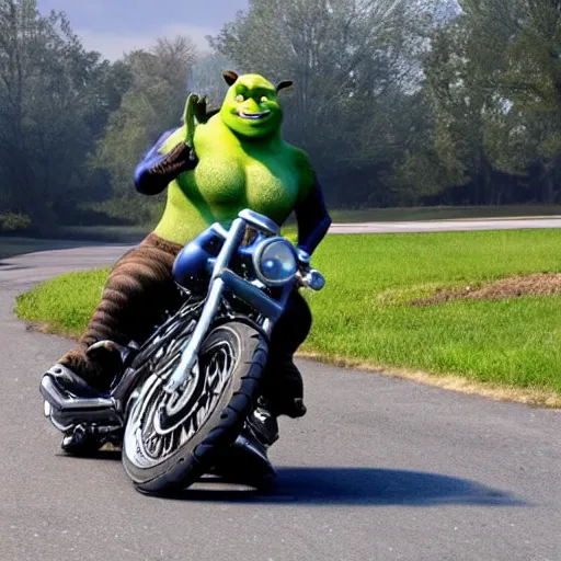 Image similar to shrek doing motorcycle wheelie