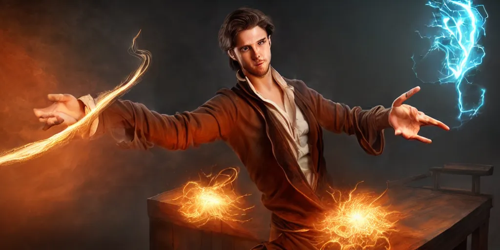 Image similar to action packed scene of a handsome young caucasian male sorcerer with brown hair he is casting a spell that is emanating from his hands he is in a alchemist lab, action pose, medium shot, waist up, digital art, photoreal, 4 k, unreal engine