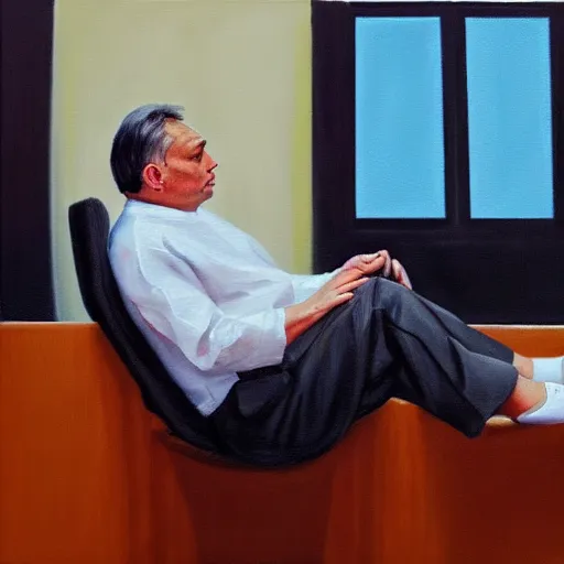 Image similar to viktor orban meditating in a cubicle, oil painting