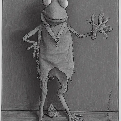 Prompt: Kermit the Frog from Sesame Street by Gustave Dore, full body grayscale drawing