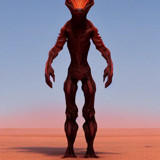 Image similar to anthro lizard alien hybrid standing on two legs, wearing a scarf, desert nomad, concept art, trending artstation, apocalyptic, volumetric lighting, octane render.