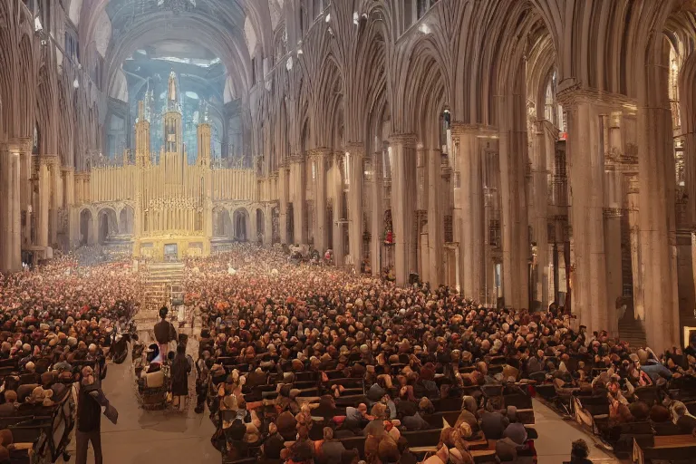 Prompt: huge crowd listens to a hermeneutic pipe organ concert in a vast basilica, matte painting, scenic full shot, ambient lighting, by makoto shinkai, stanley artgerm lau, wlop, rossdraws