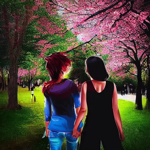 Image similar to “ two transgender lesbians happily walking together in a park holding hands with cherry blossoms in the air, realistic illustration, colorful art ”