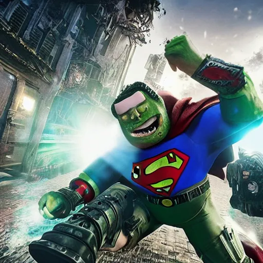 Image similar to pickle rick is flying as superman flying in ( gears of war ), splash art, movie still, detailed face, photorealistic facial features, cinematic lighting, dramatic, octane render, long lens, shallow depth of field, bokeh, anamorphic lens flare, 8 k, hyper detailed, 3 5 mm film grain