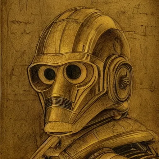 Image similar to a pencil sketch by leonardo davinci of the droid c 3 po, machine, sketch, da vinci, old masters, paper,