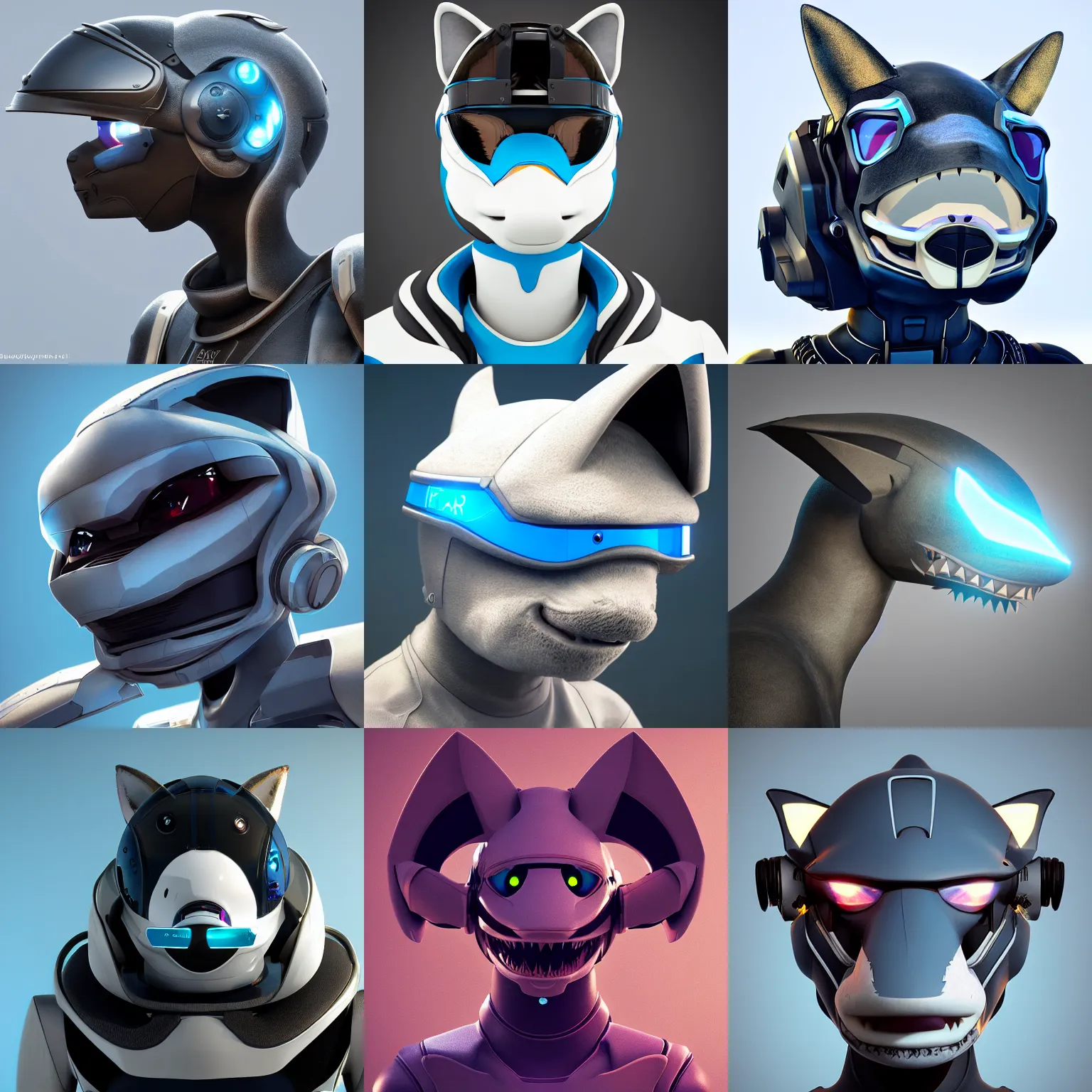 Prompt: very very beautiful furry art, bust profile picture of a robotic anthro shark, visor screen for face, truncated snout under visor, commission on furaffinity, cgsociety, octane render